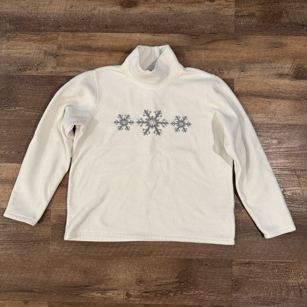 Lands End L 14-16 Ivory Winter Snowflake Embroidery Fleece Pullover Sweater